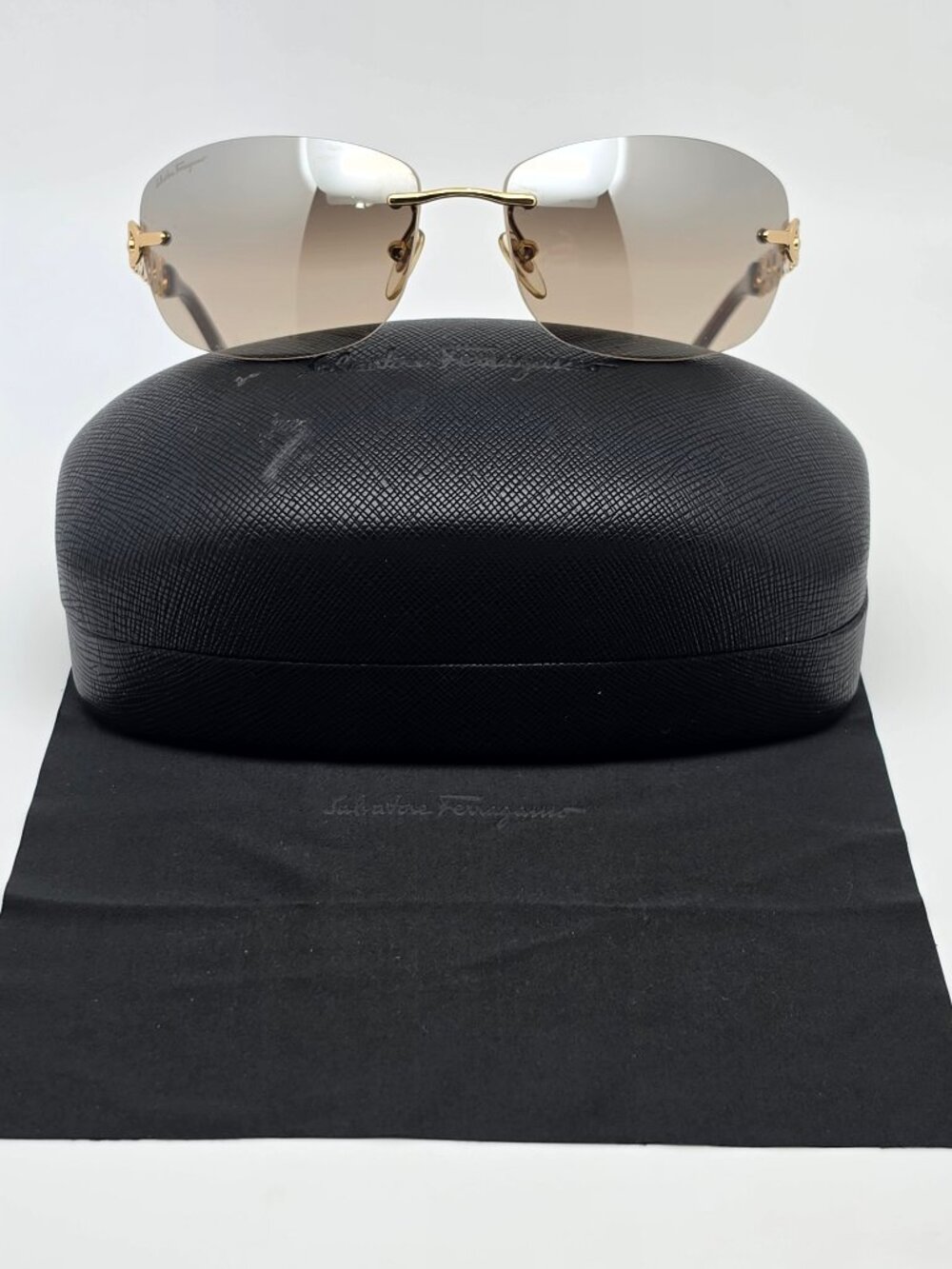 Salvatore Ferragamo 1055 Gold Gancini Frame Gold Mirror Rimless Sunglasses 61mm
